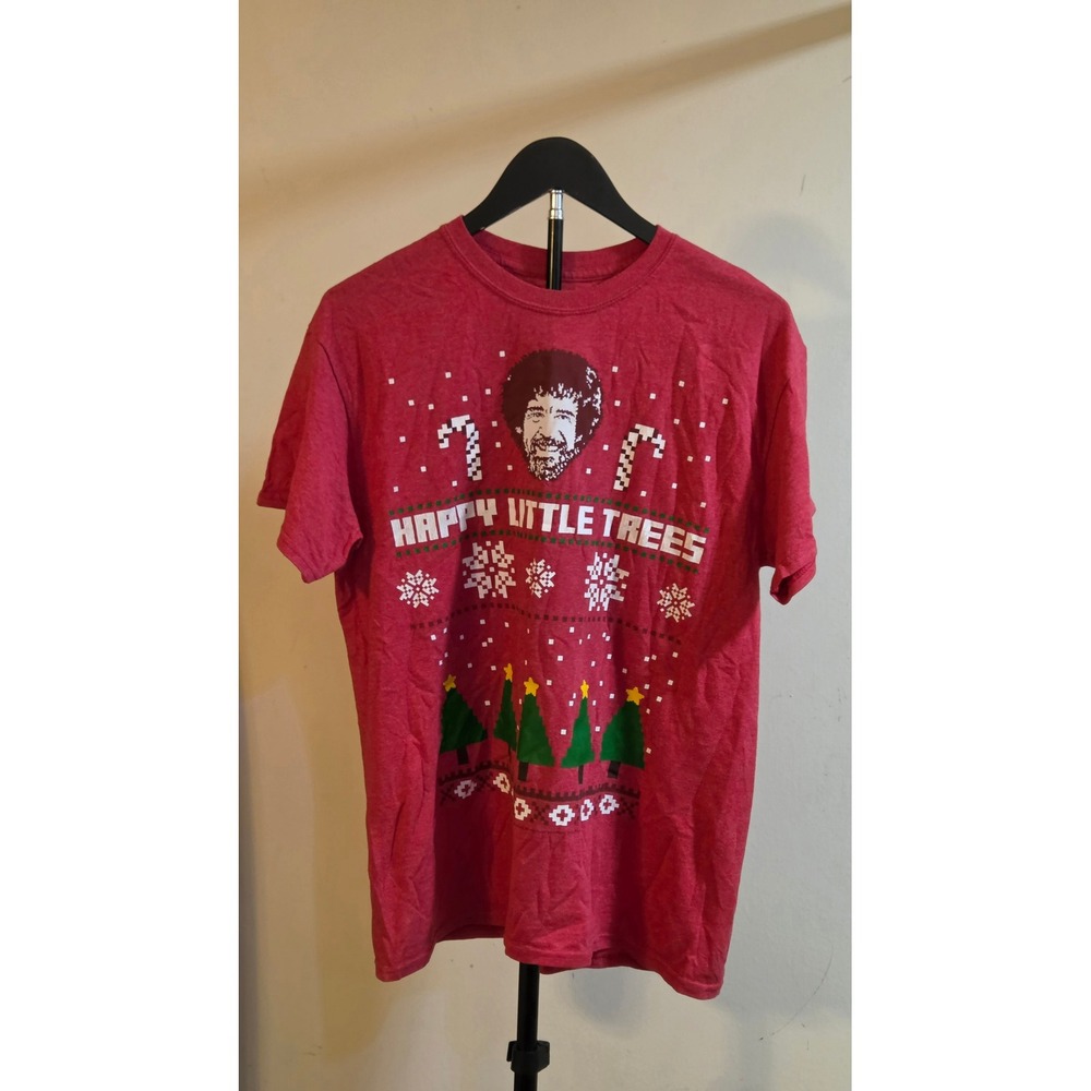 Bob Ross Happy Little Trees Short Sleeve T-Shirt Mens Size Medium Red Holiday